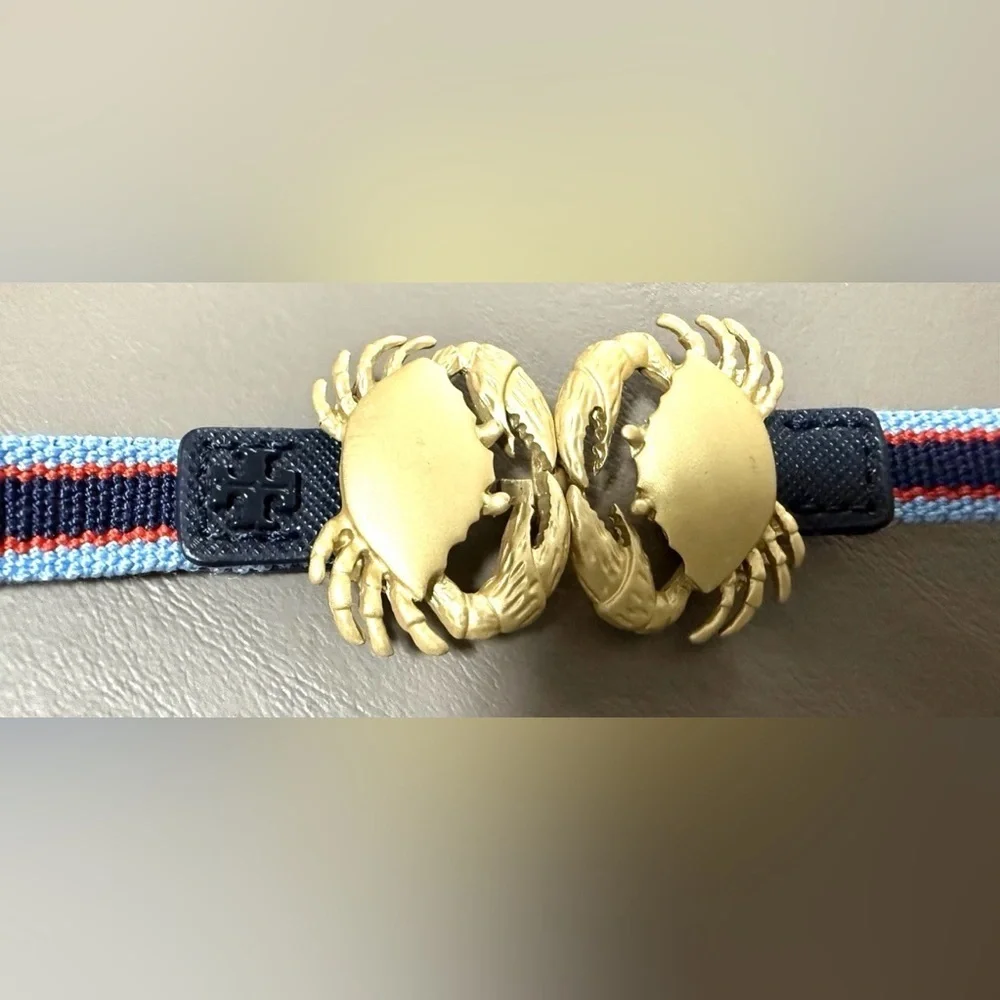 Tory burch Crab Clasp Striped Webbing Skinny Elastic Belt Blue Red